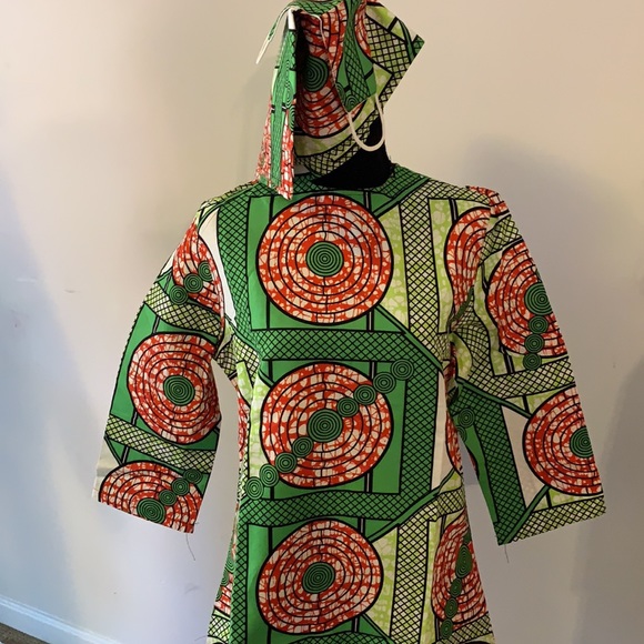Ankara cotton wax material mini dress with head tie and nose mask. - Picture 8 of 8